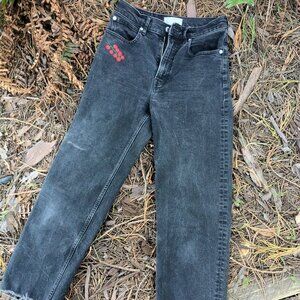 Everlane Way High Jean in Coal with hand embroidered veggies